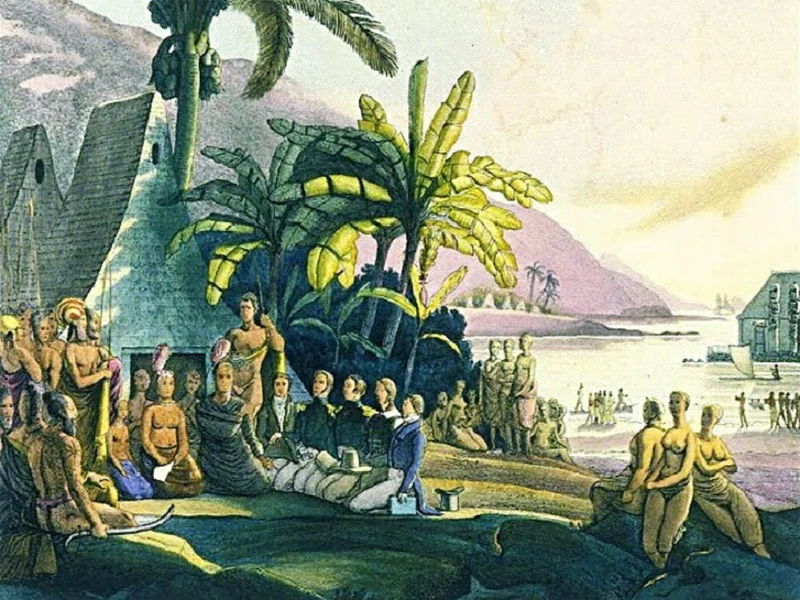 1787-Louis Choris - Intervista alla spedizione del signor Kotzebue con il re Tammeamea sull'isola di Ovayhi, Isole Sandwich